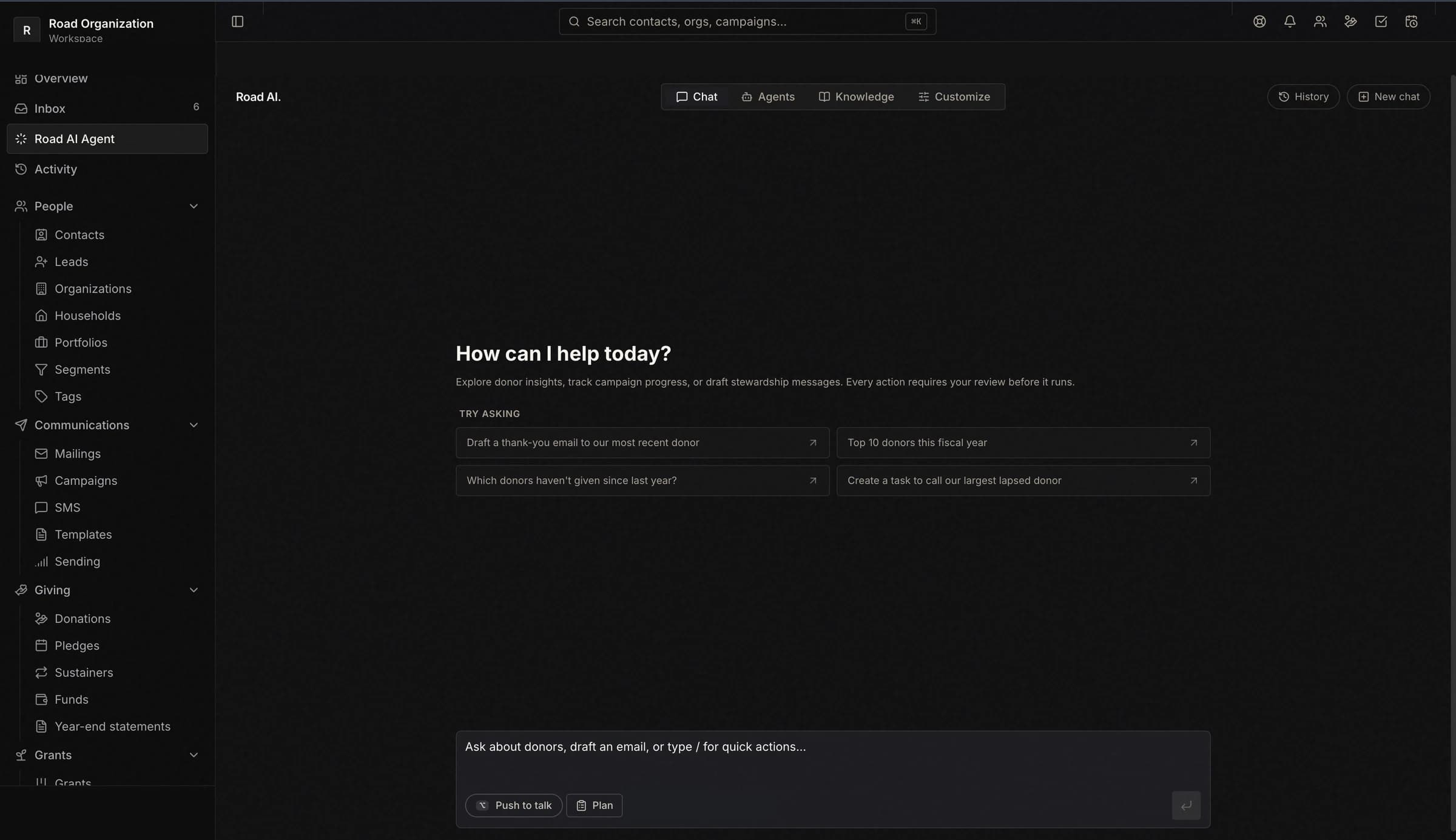 Road AI in the app: a chat that opens on suggested questions about donors, gifts and campaigns, with every action held for review