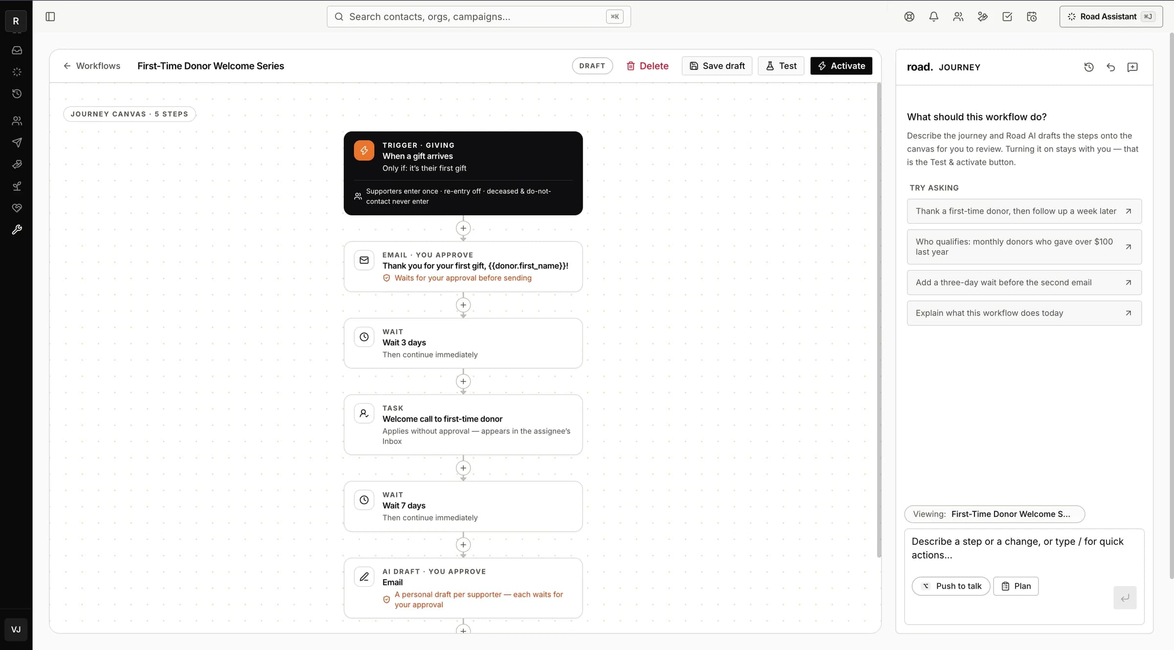 The Road workflow builder: a first-time donor welcome workflow where every outbound email waits for approval